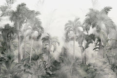 Tapet tropical personalizat in nuante sepia cu peisaj din jungla tropicala plina cu palmieri cocotieri frunze tropicale si ceata stormy jungle
