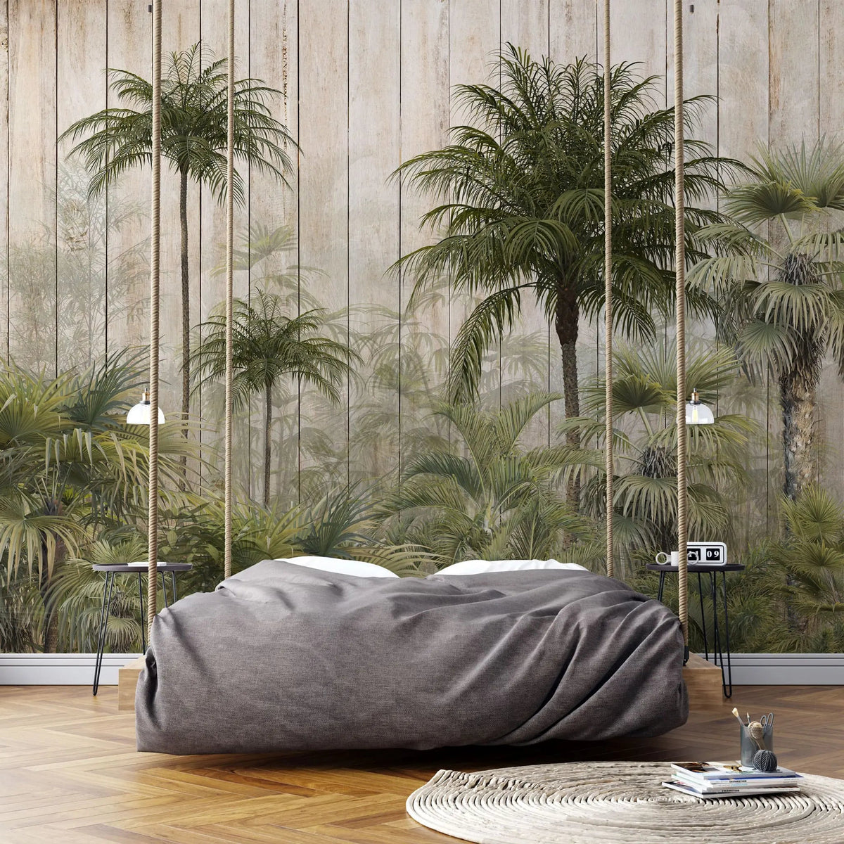 Tapet tropical personalizat cu palmieri si cocotieri intr un cadru tropical de jungla pe un fundal texturat de lemn bej cu umbrele palmierilor the palm's jungle