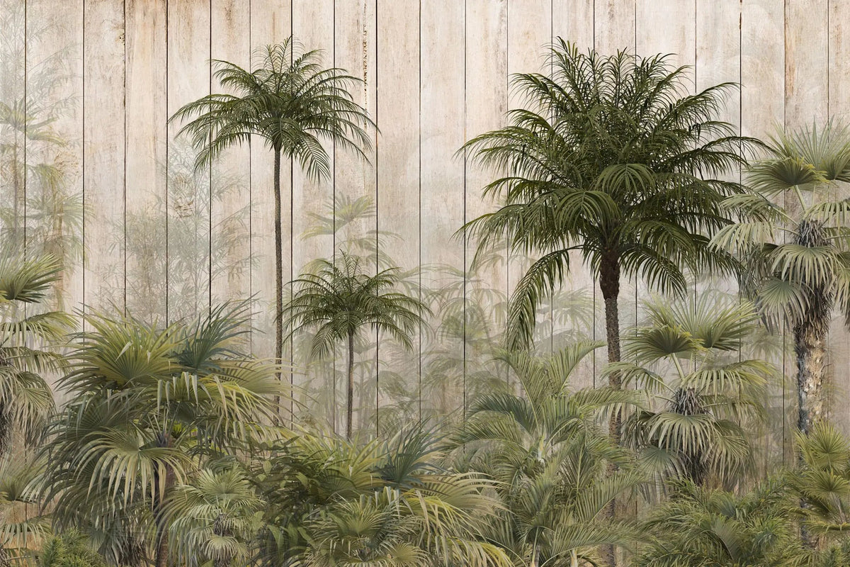 Tapet tropical personalizat cu palmieri si cocotieri intr un cadru tropical de jungla pe un fundal texturat de lemn bej cu umbrele palmierilor the palm's jungle