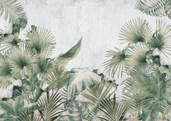 Tapet tropical personalizat cu frunze tropicale de palmier apak si bananier pe un fundal alb cu textura de lemn tropical aesthetic