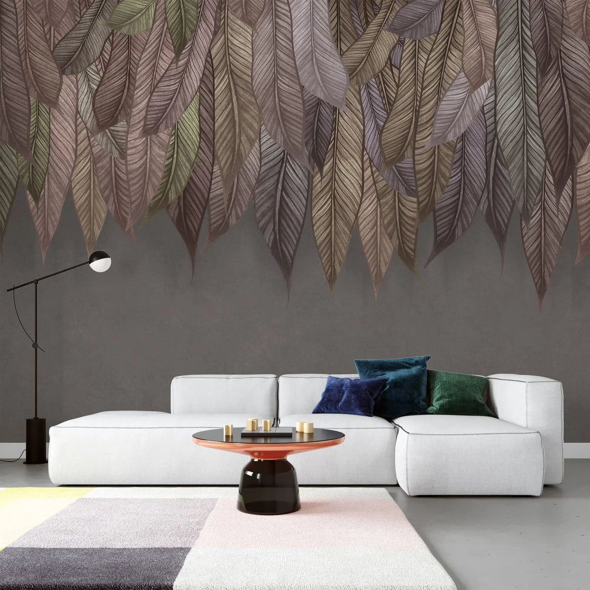 Tapet tropical personalizat cu frunze tropicale in diverse nuante rozalii aurii si maronii pe fundal maro inchis texturat tropical boho