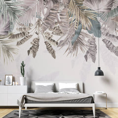 Tapet tropical personalizat cu selectie de plante si frunze tropicale in nuante roz gold pe fundal pastel tropical rose gold