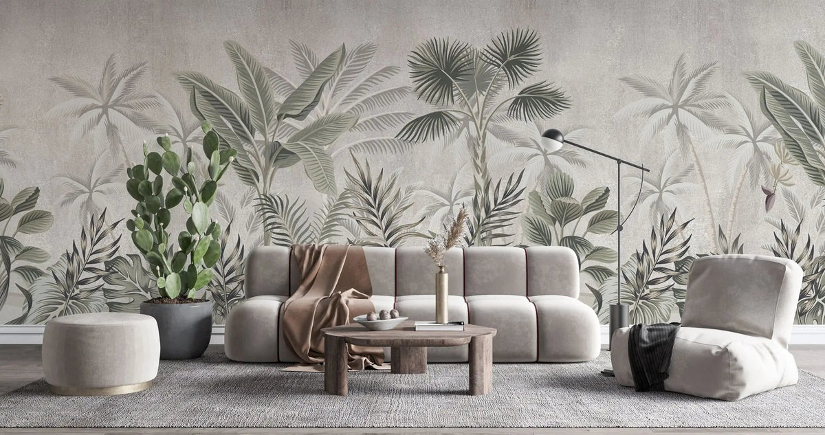 Tapet tropical personalizat cu palmieri si frunze de bananier monstera si plante tropicale tropical sepia