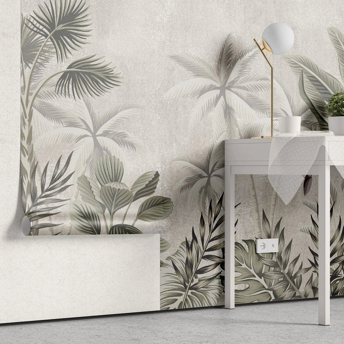 Tapet tropical personalizat cu palmieri si frunze de bananier monstera si plante tropicale tropical sepia