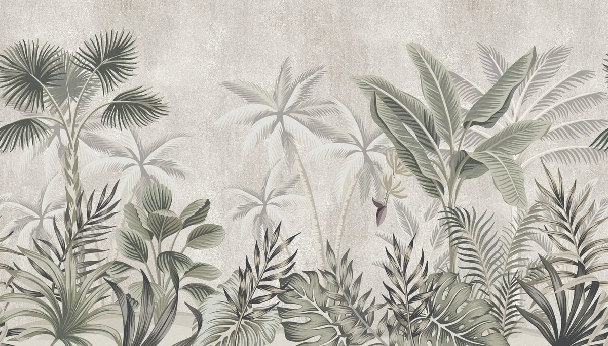 Tapet tropical personalizat cu palmieri si frunze de bananier monstera si plante tropicale tropical sepia