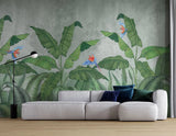 Tapet tropical personalizat cu frunze tropicale de bananieri agave si papagali tropicali colorati pe un fundal gri texturat tropical wilderness