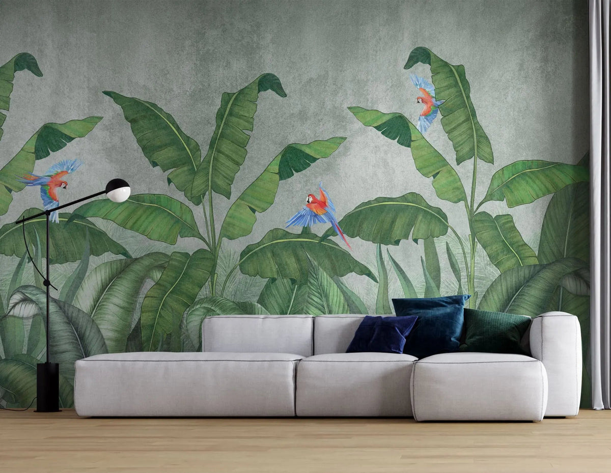 Tapet tropical personalizat cu frunze tropicale de bananieri agave si papagali tropicali colorati pe un fundal gri texturat tropical wilderness