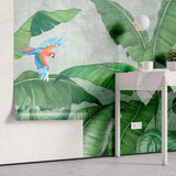 Tapet tropical personalizat cu frunze tropicale de bananieri agave si papagali tropicali colorati pe un fundal gri texturat tropical wilderness
