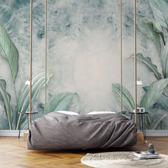 Tapet tropical personalizat cu frunze tropicale de welwitschia si strelitzia pe un fundal pictat in nuante de bej si albastru welwitschia