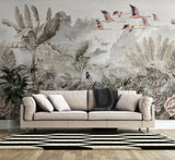 Tapet personalizat tropical cu pasari flamingo zburand peste jungla in nuante fade tropical flamingo