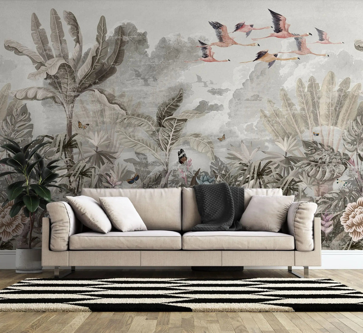 Tapet personalizat tropical cu pasari flamingo zburand peste jungla in nuante fade tropical flamingo