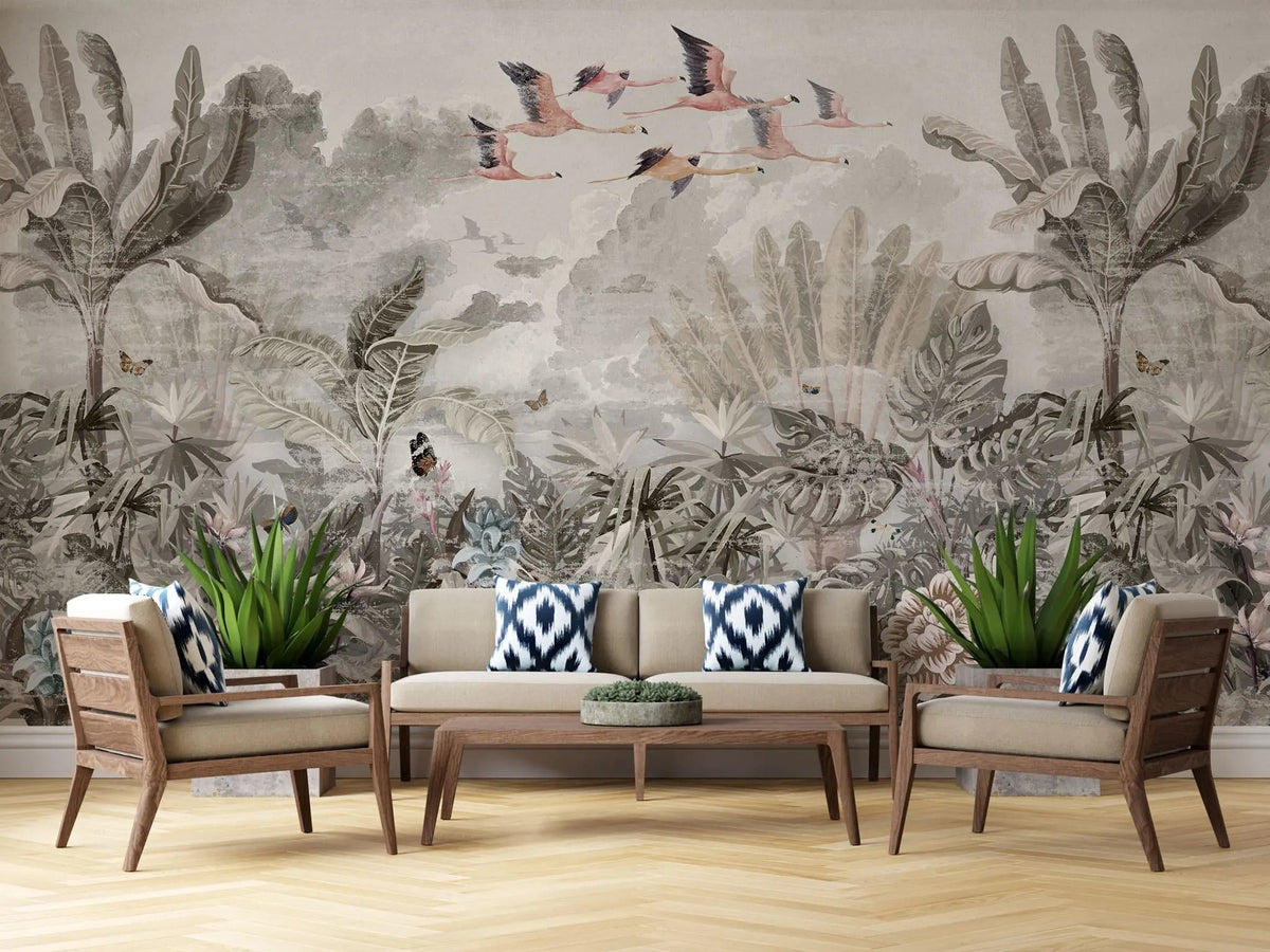 Tapet personalizat tropical cu pasari flamingo zburand peste jungla in nuante fade tropical flamingo