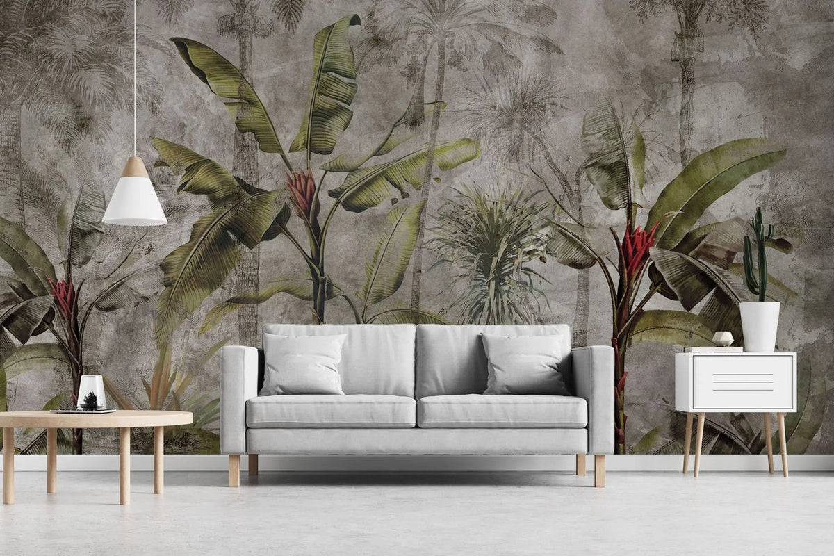 Tapet personalizat tropical cu bananier rosu pe un fundal sepia banana red