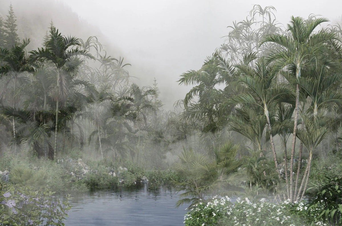 Tapet personalizat tropical cu jungla aflata in ceata foggy jungle