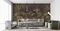 Tapet personalizat tropical cu bambus auriu pe un fundal maro inchis dark bamboo