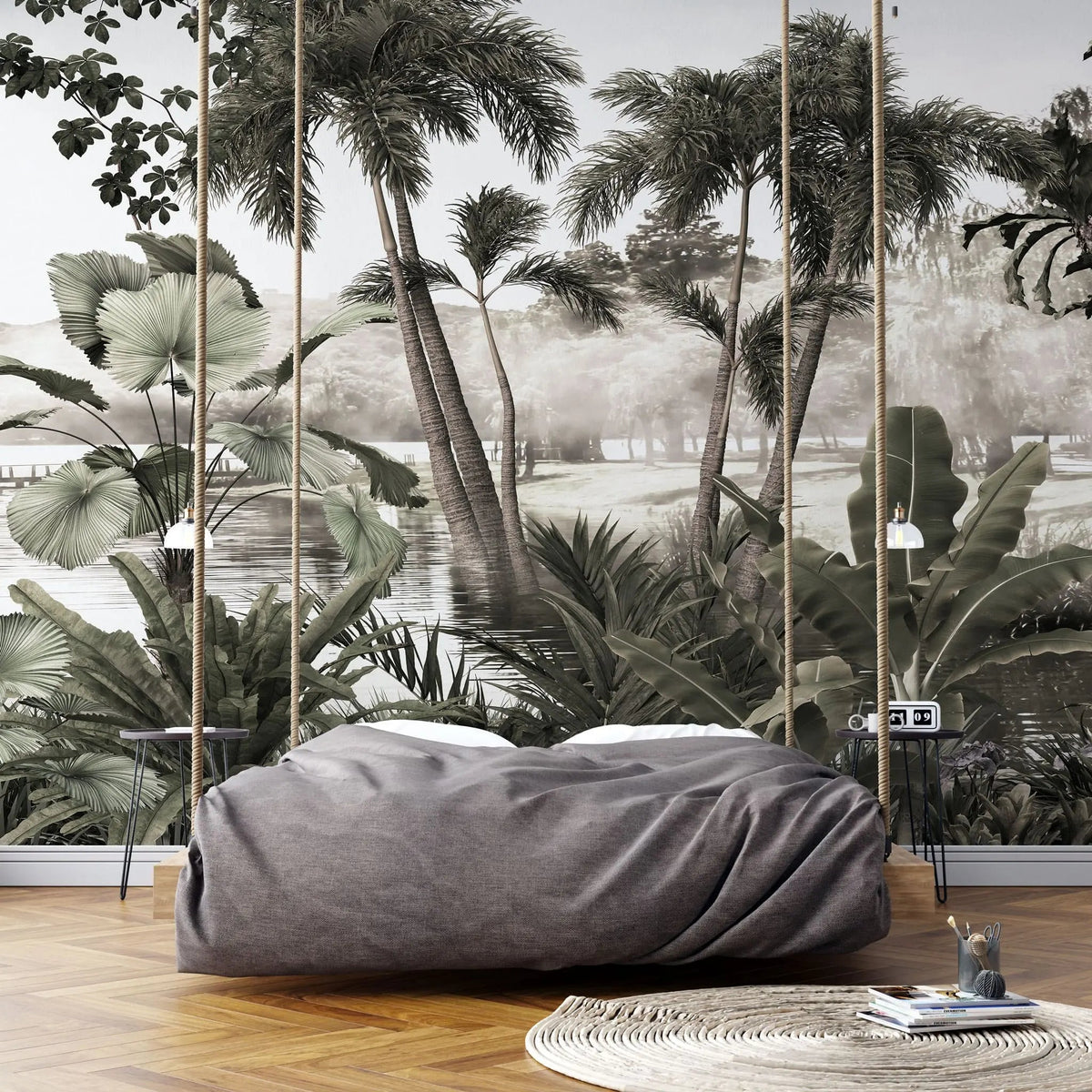 Tapet personalizat tropical cu ceata lasata peste apa din jungla palmieri si plante tropicale fog over the jungle