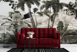 Tapet personalizat tropical cu ceata lasata peste apa din jungla palmieri si plante tropicale fog over the jungle