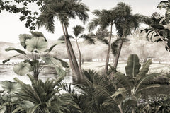 Tapet personalizat tropical cu ceata lasata peste apa din jungla palmieri si plante tropicale fog over the jungle