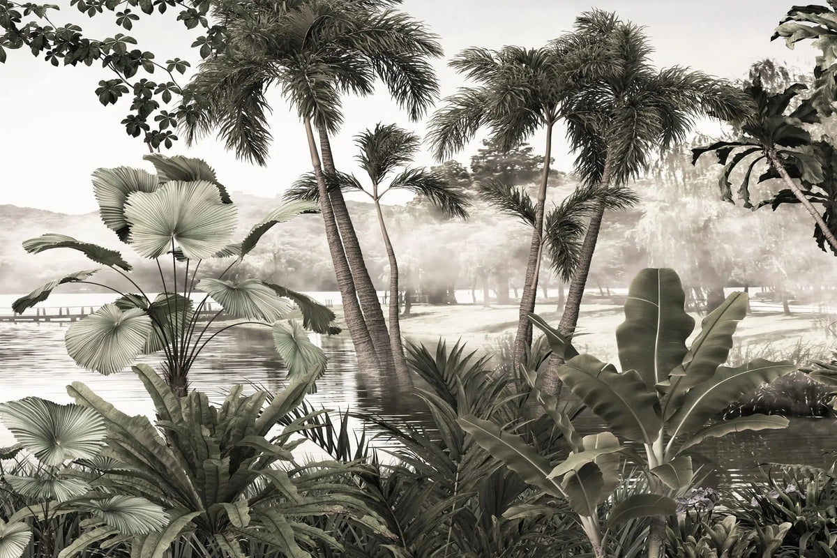 Tapet personalizat tropical cu ceata lasata peste apa din jungla palmieri si plante tropicale fog over the jungle