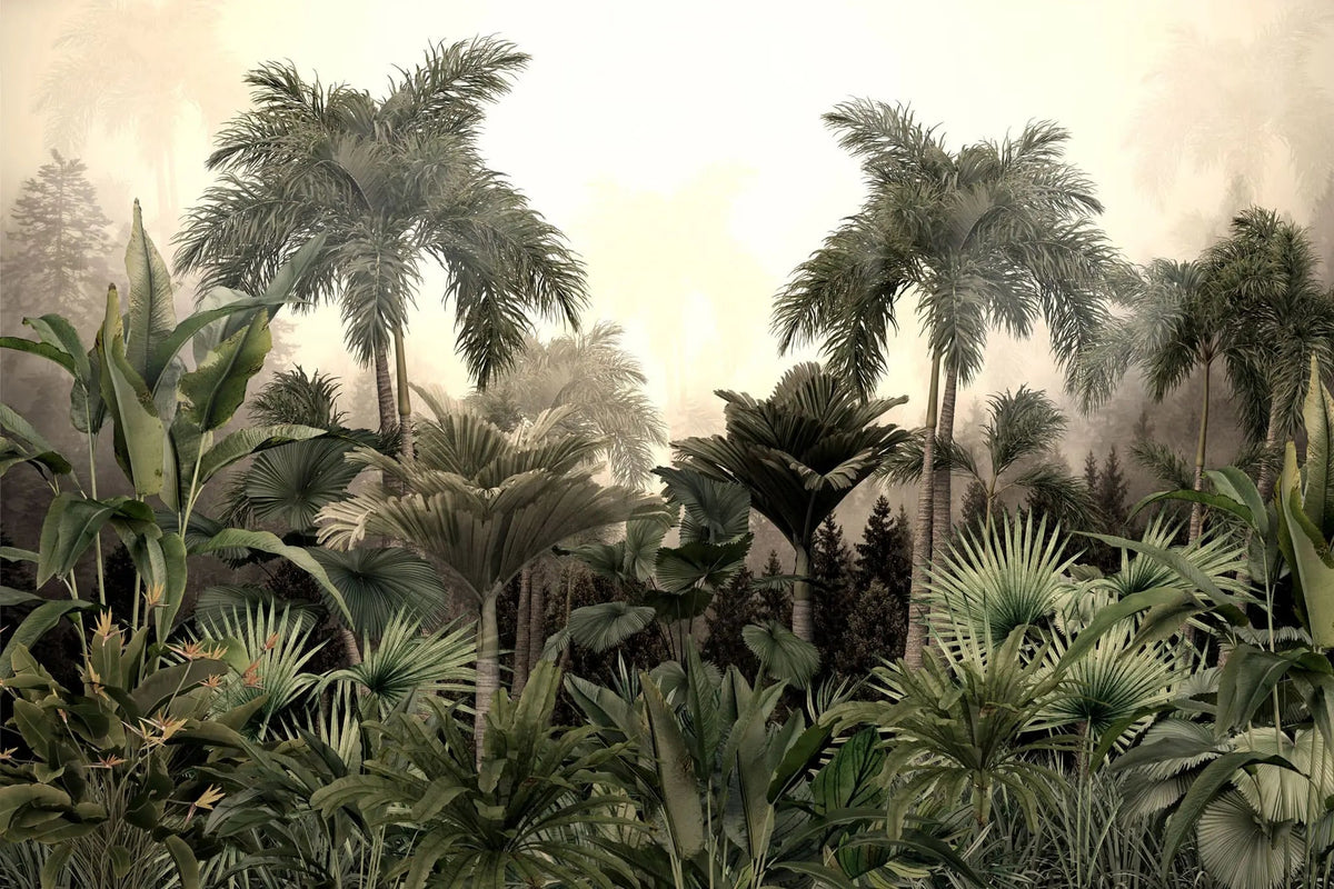 Tapet personalizat tropical cu junngla innorata peisaj tropical cu palmieri si plante tropicale cloudy jungle