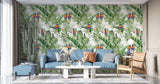 Tapet personalizat tropical cu pasari tropicale colorate printre frunze verzi de palmier tropical palm exotic birds