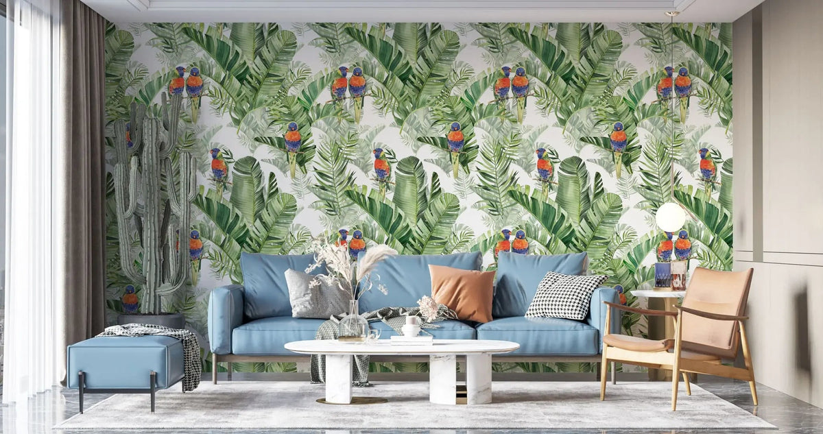 Tapet personalizat tropical cu pasari tropicale colorate printre frunze verzi de palmier tropical palm exotic birds