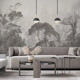 Tapet personalizat tropical cu jungla tropicala in nuante de gri si ceata grey safari