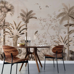 Tapet personalizat tropical cu jungla tropicala in nuante de roz cu plante si pasari orientale pink oriental jungle