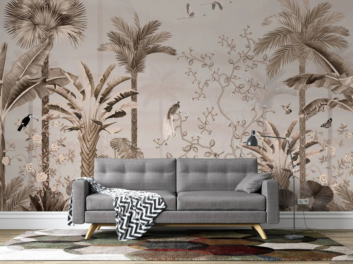 Tapet personalizat tropical cu jungla tropicala in nuante de roz cu plante si pasari orientale pink oriental jungle
