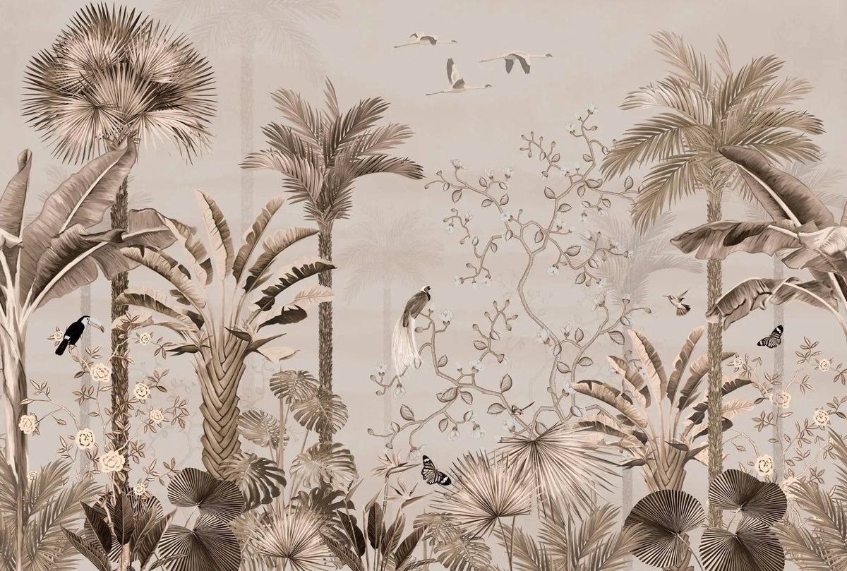 Tapet personalizat tropical cu jungla tropicala in nuante de roz cu plante si pasari orientale pink oriental jungle