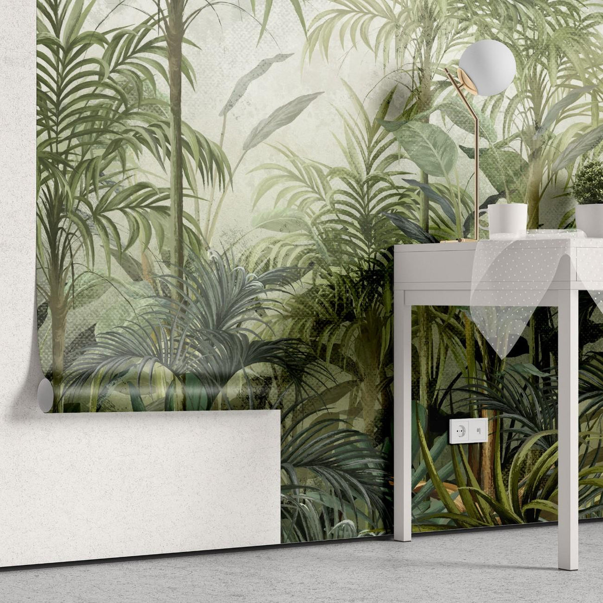Tapet personalizat tropical cu straturi texturate in nuante vii de verde oferind o senzatie de profunzime si naturalete tropical texture light