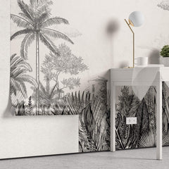 Tapet personalizat tropical cu un sketch de natura tropicala in tonuri neutre oferind un aspect rustic si elegant tropical sketch