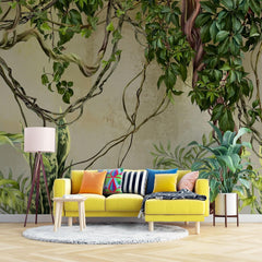 Tapet personalizat tropical cu asamblu de plante tropicale verzi si liane creand un un spatiu plin de prospetime si culoare green vine