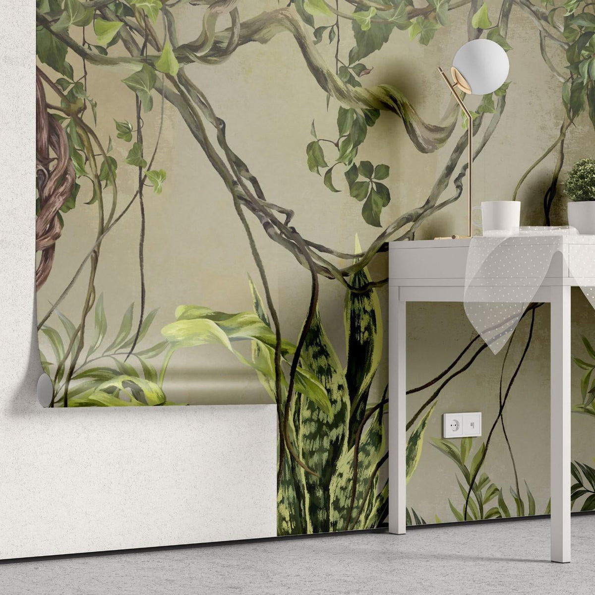 Tapet personalizat tropical cu asamblu de plante tropicale verzi si liane creand un un spatiu plin de prospetime si culoare green vine