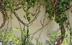 Tapet personalizat tropical cu asamblu de plante tropicale verzi si liane creand un un spatiu plin de prospetime si culoare green vine