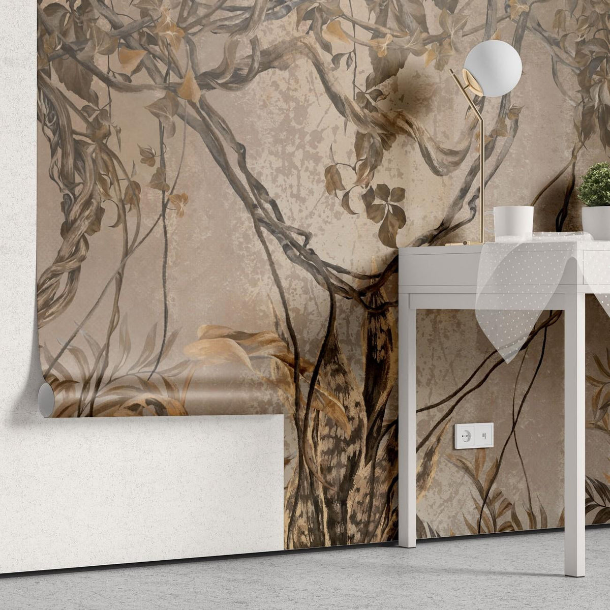 Tapet personalizat tropical cu umbre monocrome maronii de plante tropicale si liane creand un joc subtil de lumina si intuneric sepia vine shadows