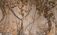 Tapet personalizat tropical cu umbre monocrome maronii de plante tropicale si liane creand un joc subtil de lumina si intuneric sepia vine shadows
