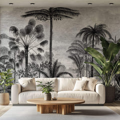 Tapet personalizat Tropical cu peisaj tropical desenat in dungi alb si negru - TROPICAL POSTCARD
