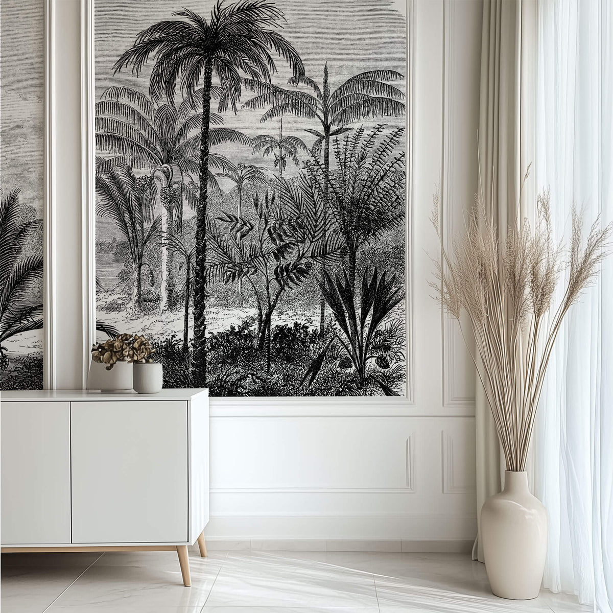 Tapet personalizat Tropical cu peisaj tropical desenat in dungi alb si negru - TROPICAL POSTCARD