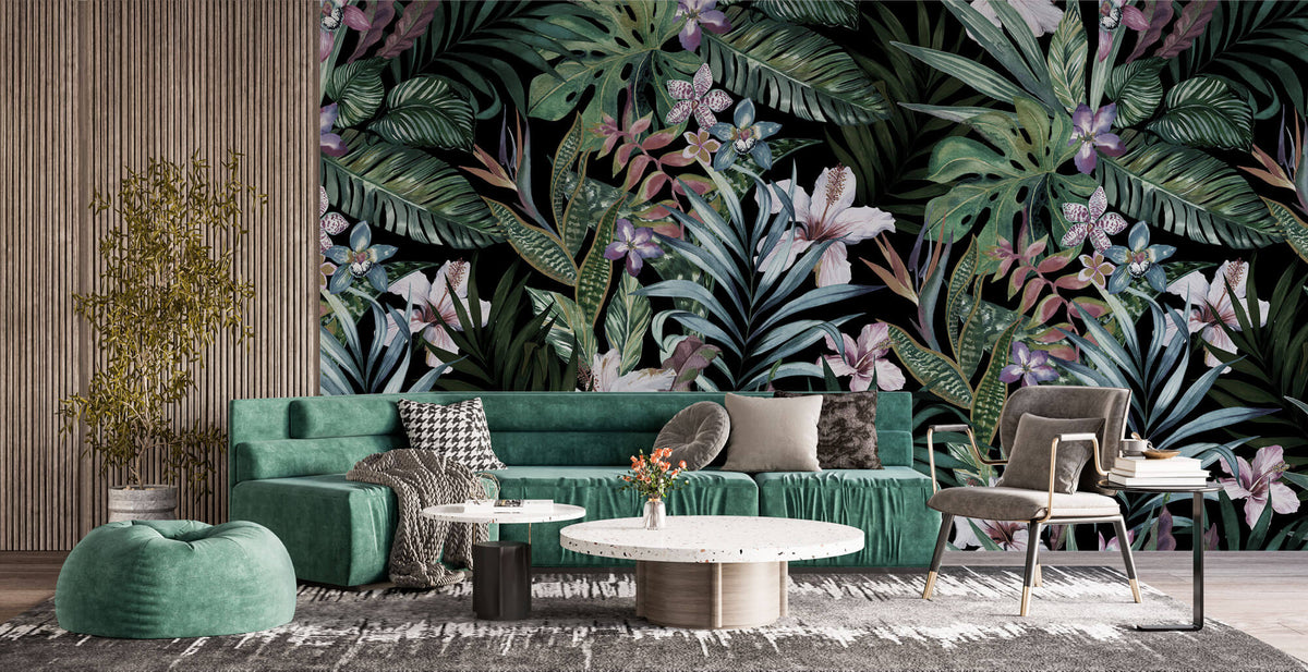 Tapet personalizat Tropical cu plante tropicale si flori de hibiscus - DARK PINKY TROPICAL