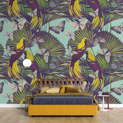 Tapet personalizat Tropical cu papagali si fluturi tropicali - YELLOW BIRDS PATTERN