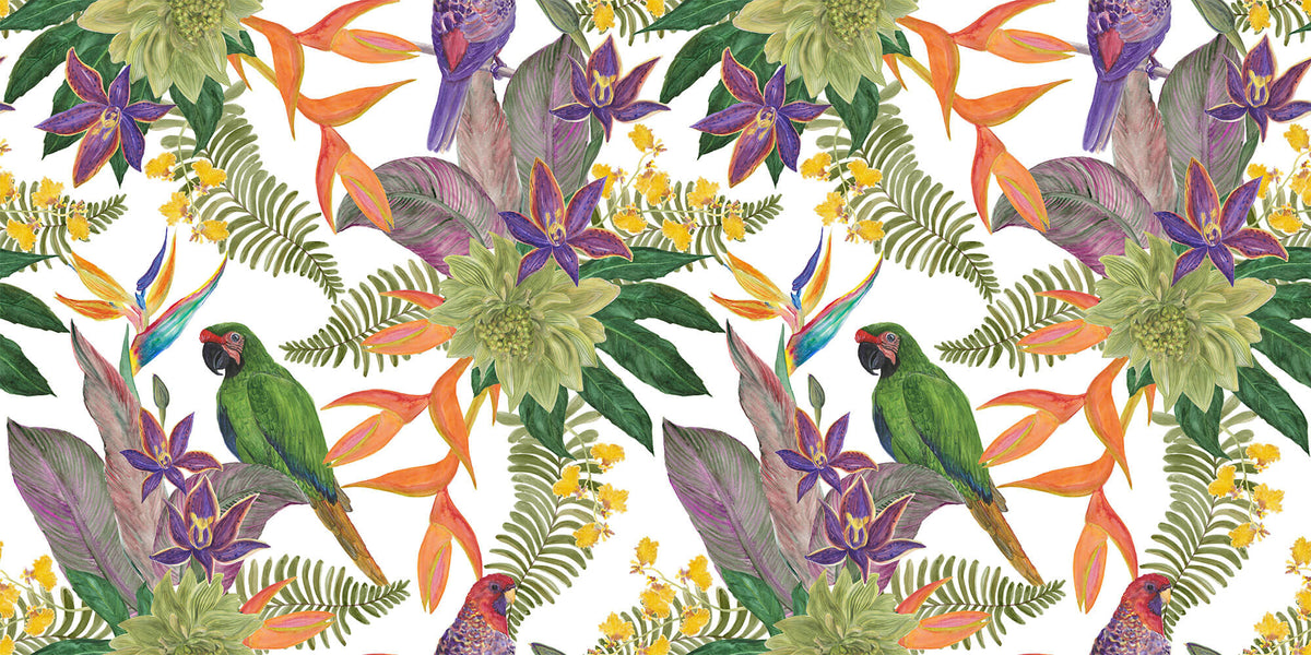 Tapet personalizat Tropical cu papagali si flori exotice - FRENZY PARROTS