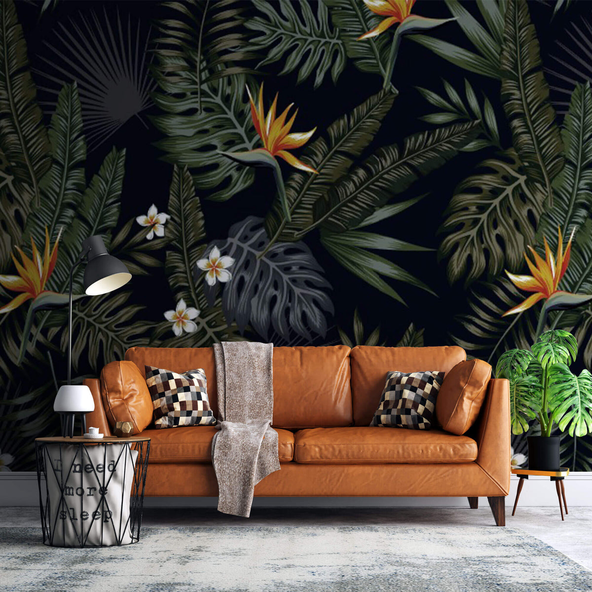 Tapet personalizat Tropical cu frunze si flori tropicale pe un fundal negru - BLACK PARADISE