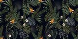 Tapet personalizat Tropical cu frunze si flori tropicale pe un fundal negru - BLACK PARADISE