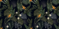 Tapet personalizat Tropical cu frunze si flori tropicale pe un fundal negru - BLACK PARADISE