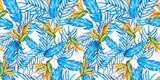 Tapet personalizat Tropical cu floarea paradisului si frunze de palmieri albastre - BLUE BIRD OF PARADISE