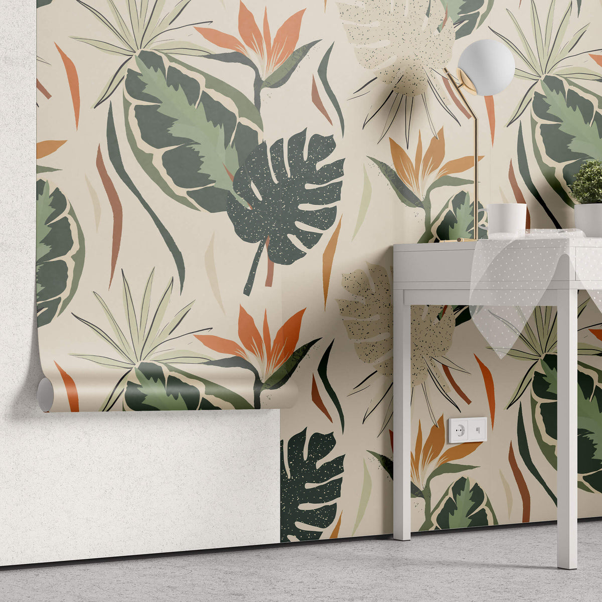 Tapet personalizat Tropical cu plante tropicale pe un fundal crem - BOHO TROPICAL LEAVES