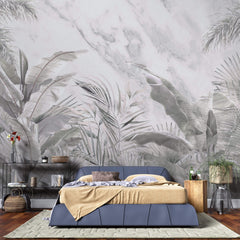 Tapet personalizat Tropical cu plante tropicale gri pe un fundal de marmura gri - GREY TROPICAL MARBLE