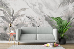 Tapet personalizat Tropical cu plante tropicale gri pe un fundal de marmura gri - GREY TROPICAL MARBLE