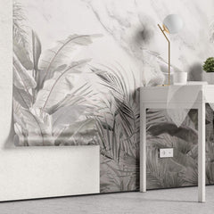 Tapet personalizat Tropical cu plante tropicale gri pe un fundal de marmura gri - GREY TROPICAL MARBLE
